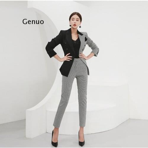 Elegant Patchwork Women Pant Suits Slim Houndstooth Jacket & High Waist Trousers Vintage Female Blazer Set Autumn