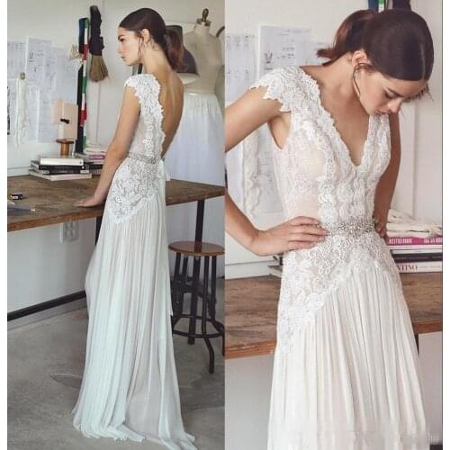 Elegant Sheath Boho Beach Wedding Dresses Sexy V Neck Backless Cap Sleeves Bohemian Chiffon Train Bridal Gowns