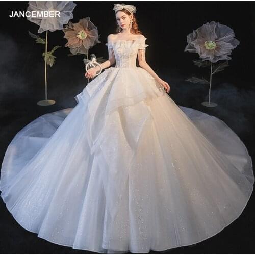 HLF27 Wedding Dresses Off The Shoulder Lace Up Back Short Sleeve Beading Crystal Ball Gown Vestido De Casamento فساتين زفاف