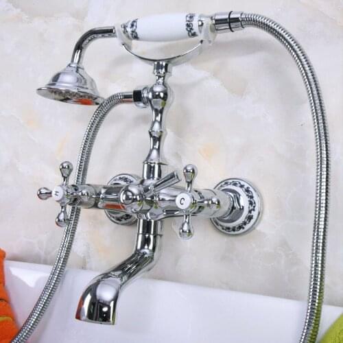 Chrome Brass Dual Handle Bathtub Faucet with Hand Shower Telephone Type Bath Faucets Sets Mixer Tap Wall Mounted Lna184