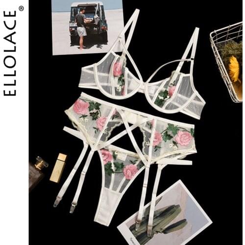 Ellolace Lingeie Womens Underwear Floral Embroidery Transparent Bralette Lingerie Set Sexy Female Underwear for Women Bra Set