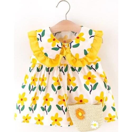 Summer Sweet Flower Lovely With Bag Dress For Girls 2021 Casual Doll Collar Toddler Girl Clothes Baby Kids Birthday Present 1-4Y