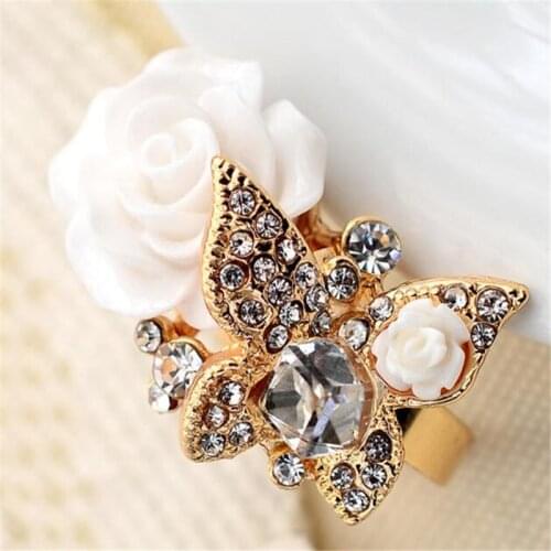 Multi-color Crystal Rose Flower Butterfly Ring Elegant Female Party Finger Ring Accessories Vintage Bohemian Style Jewelry Gifts