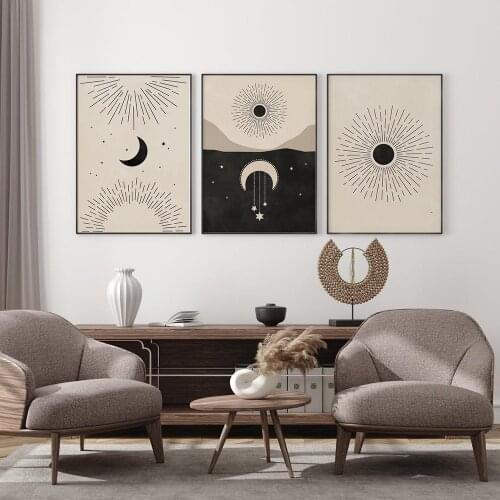 Neutral Boho Wall Art Sun Stars Moon Posters and Prints Childrens Room Decoration Cartoon Universe Picture for Kid Room Poster