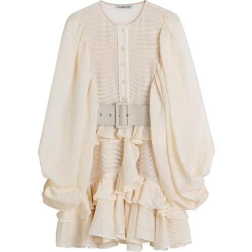 2021 Summer New Fashion Womens Dress Loose Puff Sleeve Dress Womens Ruffled Waist Long Sleeve Temperament mini Dress GD609