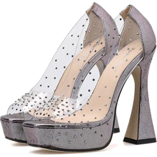 New Women Shoes Casual Elegant Pumps Super High Heels Rhinestone transparent high heel women shoes