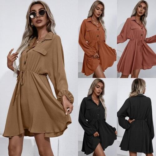 Harajuku Autumn Women Dresses 2021 Long Sleeve Shirt Dress A-line Turn-down Collar Empire Slim Fit Ladies Party Solid Vestidos