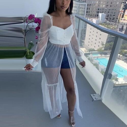 Mesh Long Sleeve Square Neck Blouse Chic Long Shirt Tops