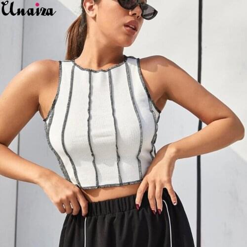 Unaiza 2021 Tops Women Spring And Summer Hit Color Stitching Round Neck T-shirt High Quality Slim Short Vest Fashion Female Vest