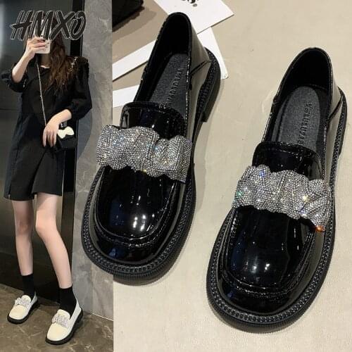 HMXO British Style Round Toe Breathable Rhinestone Loafer Shoes Female Mary Jane Shoes Thick Sole Retro JK Leather Shoes