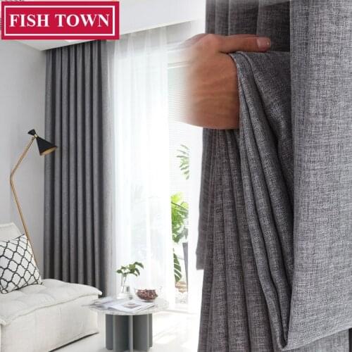 FISH TOWN Modern Grey Color Window Door Curtain Fabric Finished Custom For Bedroom Living Room Shading Cloth Blackout Curtains