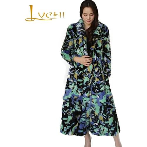 LVCHI Winter 2019 Female Print Flower Elegant Long Real Mink Fur Coats Womens Turn-Down Collar Green Contrast Color Mink Coats