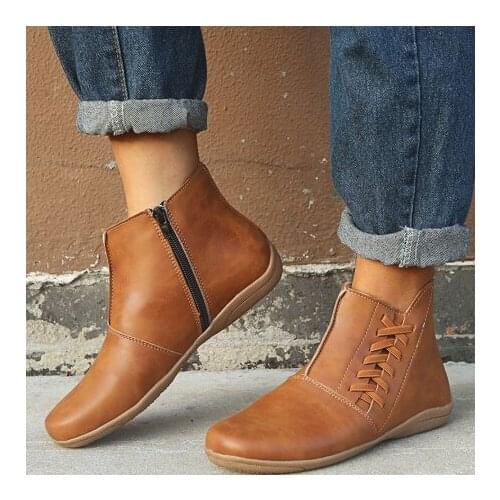 Womens Zipper Pu Leather Ankle Boots Autumn Woman Sewing Solid Flat Boots Female Causal Plus Size Platform Ladies Shoes
