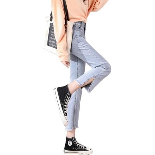 High Stretch Womens Jeans 2021 New High Waist Slim Ankle Length Straight Pants Raw-edge Split Bodycon Jeans Skinny Trouser Girl