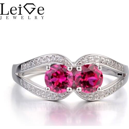 Leige Jewelry Round Cut Ruby Ring Sterling Silver 925 Jewelry Double Stone Engagement Promise Rings for Women July Birthstone