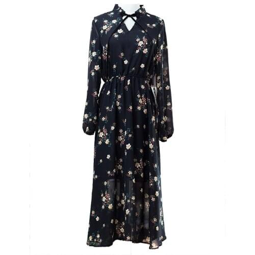 PERHAPS U Black Chiffon Stand Collar Lantern Sleeve Long Sleeve Maxi Long Dress Empire Floral Flower Print Autumn D0614