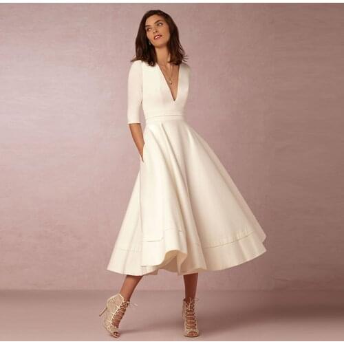 Weilinsha Tea Length Half Sleeve V-Neck Evening Dress 2021 Elegant A-Line Jersey Zipper Back Prom Party Gowns with Pockets