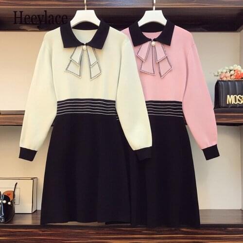 Plus size women winter warm knitted sweater dresses female elegant striped patchwork bow collar long sleeve knitting vestidos