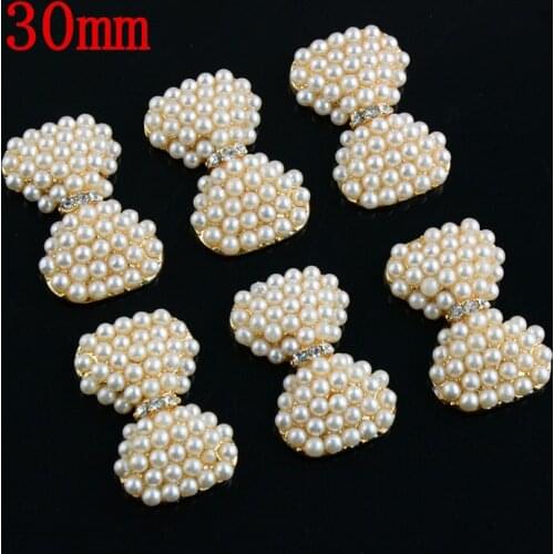 100pcs/lot Alloy Bow Flowers Pearl Buttons 30mm Gold Rhinestone Bow For Hair Accessories Free Shipping PJ16