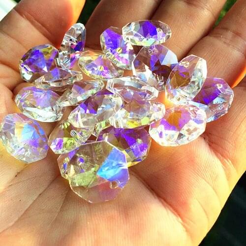 200pcs/lot AB Color 14mm Glass Octagon Beads in 2 Holes for k9 Crystal Chandelier Parts, Crystal Curtain Beads Free Shipping