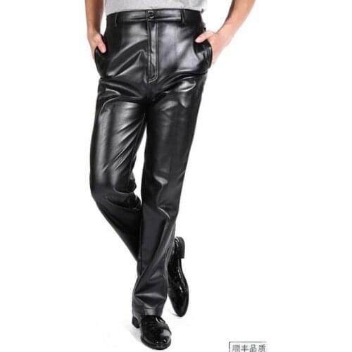 Mens leather trousers male plus velvet thicken straight slim quinquagenarian motorcycle winter faux leather pants mens black