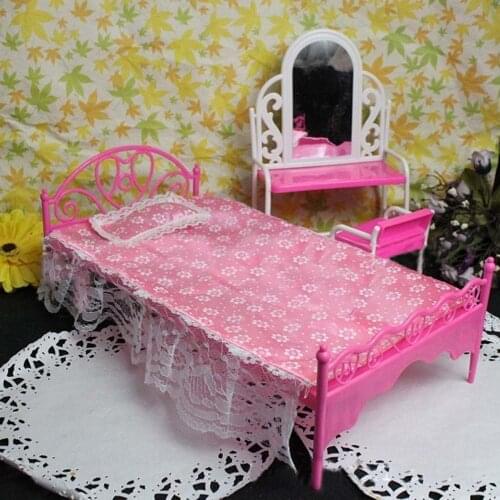 Kids Mini Fun Pink Doll Single Bed Lace Sheet Pillow Bedroom Furniture Dollhouse Furniture Accessories for Barbie Girl Dolls Toy