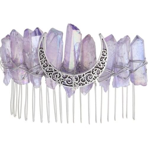 Gradient Rainbow Faux Raw Crystal Hair Comb Angel Aura Quartz Bridal Wedding Hairpin Jewelry Alloy Moon Boho Ethnic Tiara C1FE