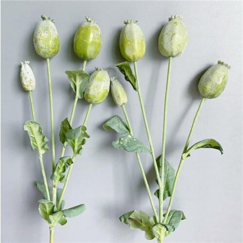 4Heads Poppy fruit branch with Green leaves artificial flowers for home garden decor fake plants