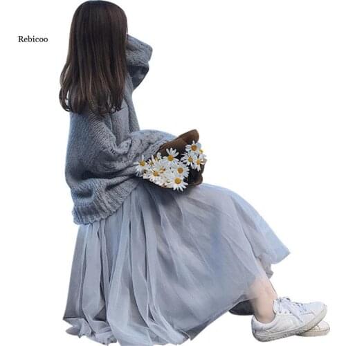 Kawaii Women 2 Piece Set Lantern Sleeve Loose Kintted Sweater Pullover + Elastic Waist Mesh Skirt Set Korean Outfit Winter