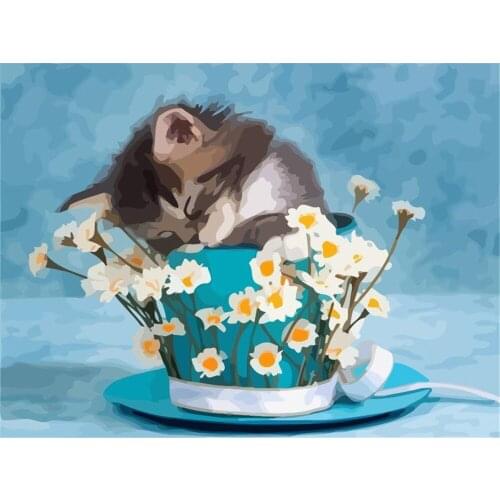 Flower Cats Animal DIY Cross Stitch Embroidery 11CT Kits Craft Needlework Set Printed Canvas Cotton Thread Home Design