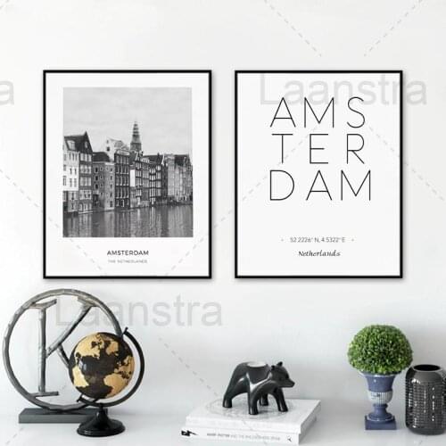 Wall Art City Poster Netherlands Amsterdam Landscape Photo & Amsterdam Coordinate Canvas Painting Black White Picture Home Decor