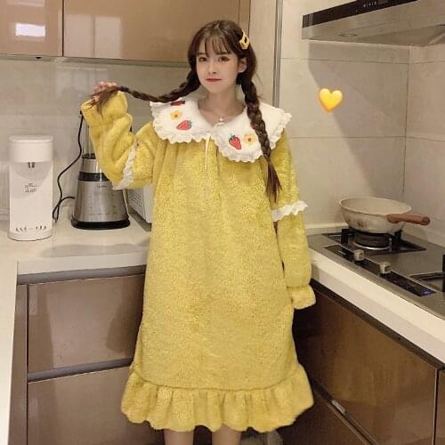 SLPBELY Lovely Flanne Women Nightgown Winter Ladies Lovely Nighty Long Sleeve Strawberry Nightdress Sleepwear Girls Homewear