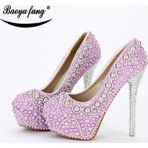 BaoYaFang New Purple pearl Womens Wedding Shoes Bride High heels Platform shoes woman Thin heel Round Toe Pumps