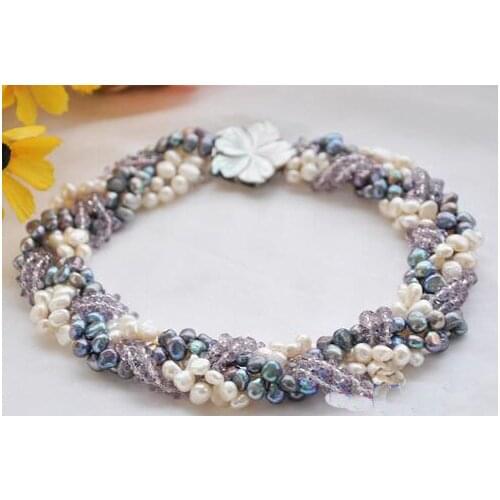Wholesale Handwork Pearl Jewellery,6Rows 18inches Black White Baroque Pearls Purple Crystal Faceted Knit Necklace