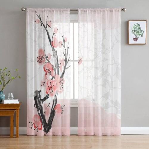 Pink Cherry Blossoms Flower Print Sheer Window Panel Curtains Room for Living Room Bedroom Kitchen Room Chiffon Tulle Curtains