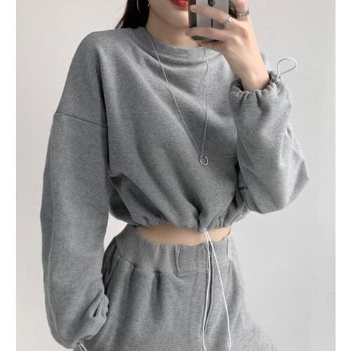 TVVOVVIN Korean Longsleeve Loose Short Sweatshirt Crew Neck Solid Color Drawstring Open Navel Casual Sports Tops Khs5