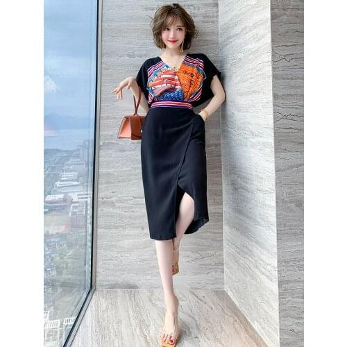 Top Quality Retro printing overlap V-neck Womens new summer dress