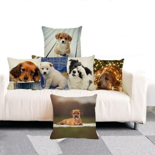 XUNYU Cute Pet Cushion Cover Cute Puppy Throw Pillow Case Linen Cushion Case Sofa Bed Decorative Pillowcase C0022