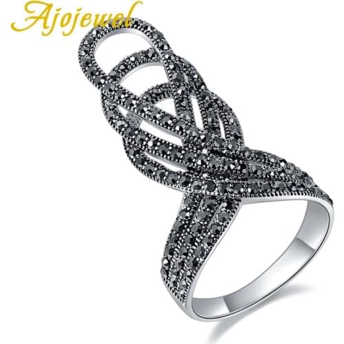 Ajojewel Brand New Size 7-10 Statement Exaggerate Ring Full of Black Rhinestones Vintage Crown Anel For Women Party Accessories