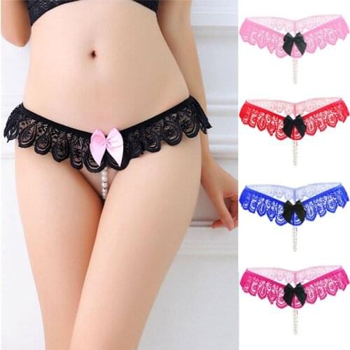Women Sexy Lace Panties Open Crotch Thong G-Strings with Pearls Massaging Bead Crotchless Erotic Underwear for Sex Lingerie
