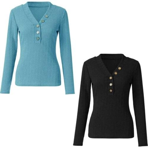 Womens Long Sleeve V Neck Ribbed Button Knit Sweater Fashion Solid Color