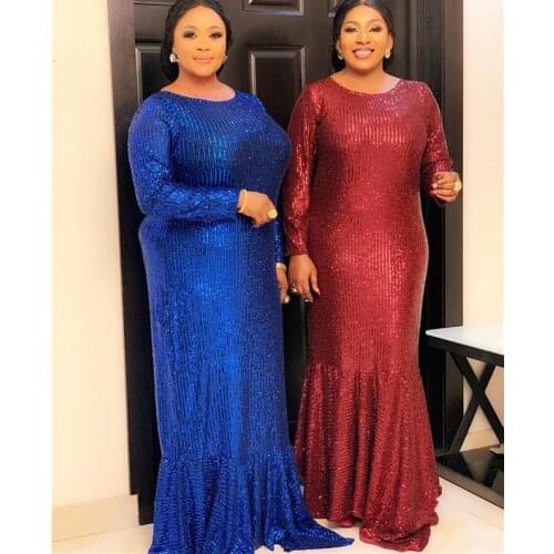 Long Sleeve Mermaid Sequins Dress Autumn Sparkly Elegant Plus Size Shiny Party Evening African Clothes Dress Women Floor Length