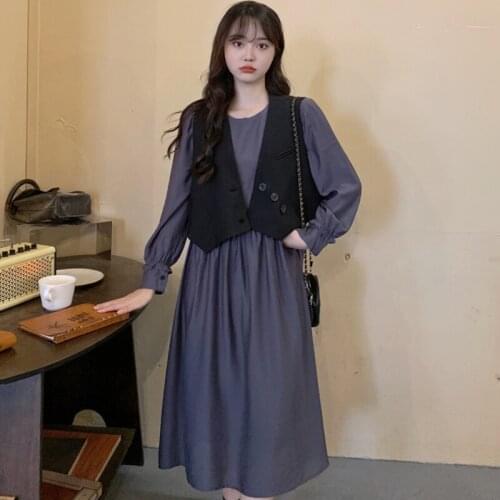 Woman Dress Autumn 2021 New Korean Fashion Elegant Solid Color Long-sleeved Dress and Diagonally Buttoned Waistcoat Suit
