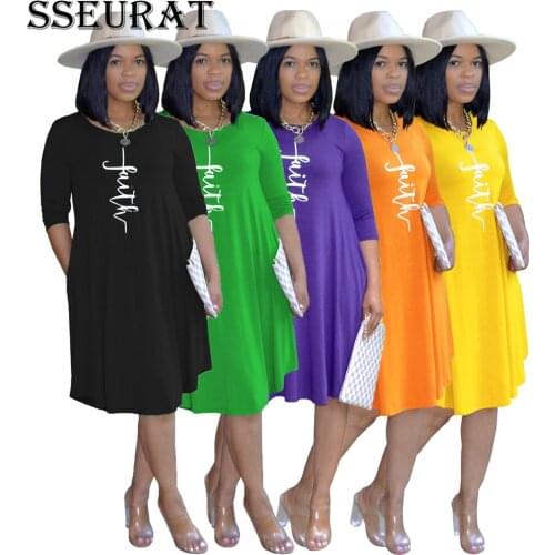 SSEURAT Women Summer Letter O-neck Long Sleeve A-line Dress Knee Length Fashion Sport T-shirt Dresses