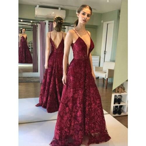Burgundy Lace Prom Dress 2021 Spaghetti Straps Double V Neck A Line Evening Formal Party Gowns vestido de fiesta de boda