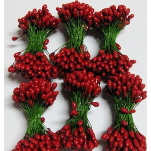 Floral Stamens Double Artificial Red Holly Berry Stamens on Green Wire Stems for Artificial Flowers Arranging Floral Crafts