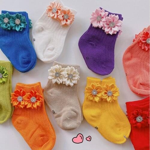 Baby Autumn Winter Socks Girl Flower Socks Double Needle Vertical Strip Girl Childrens Socks Newborn Cotton Socks