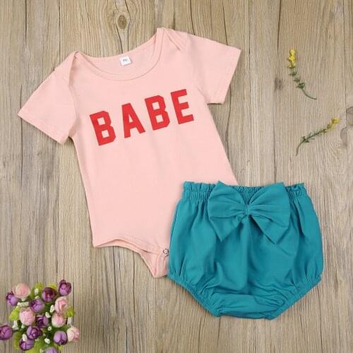 Children Kids Cotton Soft Outwear Set Infant Short Sleeve Letter Printed Romper +Bow Shorts Summer Casual Baby Girl 2pcs