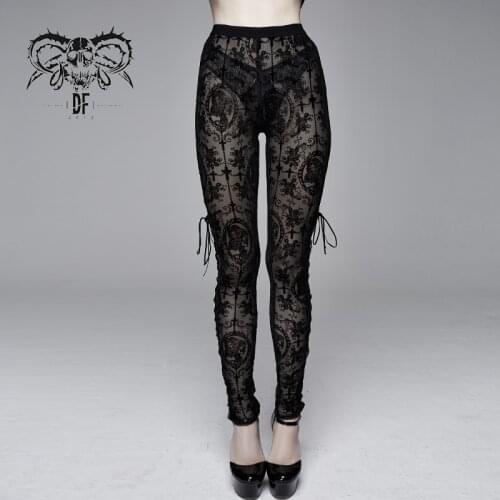 Devil Fashion Womens Gothic Skinny Leggings Transparent Slim Fit Club Daily Casual Lace Leggings Trousers