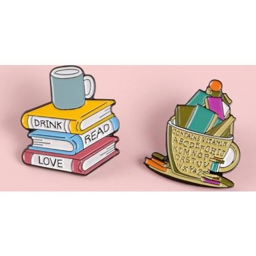 Drink Read Love Enamel Pins Cartoon Cup And Books Brooches Book Lovers Bibliophile Bookworm Badges Lapel pins